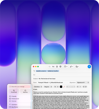 MacBook Neo screen, using Apple Intelligence Writing Tools in Mail to revise a long paragraph in an email containing feedback on a publication
