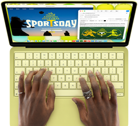 MacBook Neo, citrus color, hands on keyboard, user is composing an email invitation to the opening of an art exhibit, website for the event open alongside