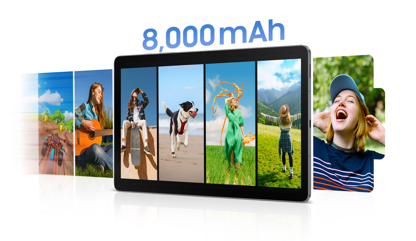 Galaxy Tab S10 Lite display shows a series of photos of happy moments flowing across the screen from left to right in the shape of a battery icon. Above the device, text reads 8,000 mAh, highlighting the large battery capacity that supports extended use for enjoying photos, videos, and apps without frequent charging.