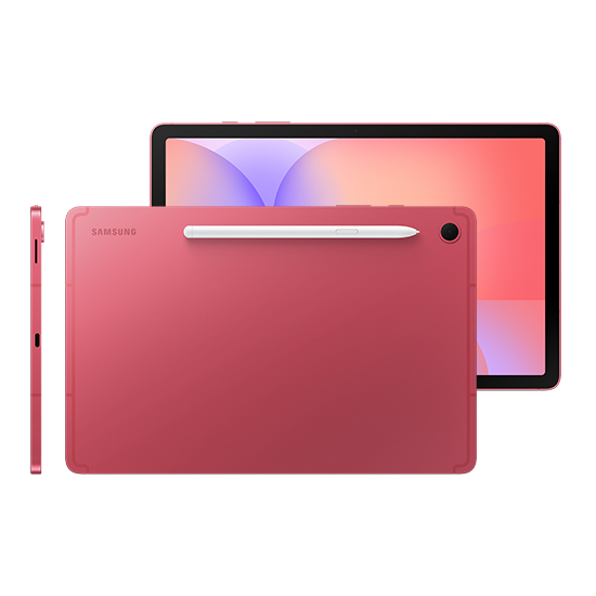 Galaxy Tab S10 Lite in Coralred displayed horizontally with an S Pen magnetically attached to the top side, highlighting easy pen storage. Behind it, another Galaxy Tab S10 Lite in Coralred shows a vibrant screen with colorful wallpaper, emphasizing the large display for immersive viewing. A side view showcases the sleek 6.6 mm thin design that sets it apart as a stylish, modern tablet.