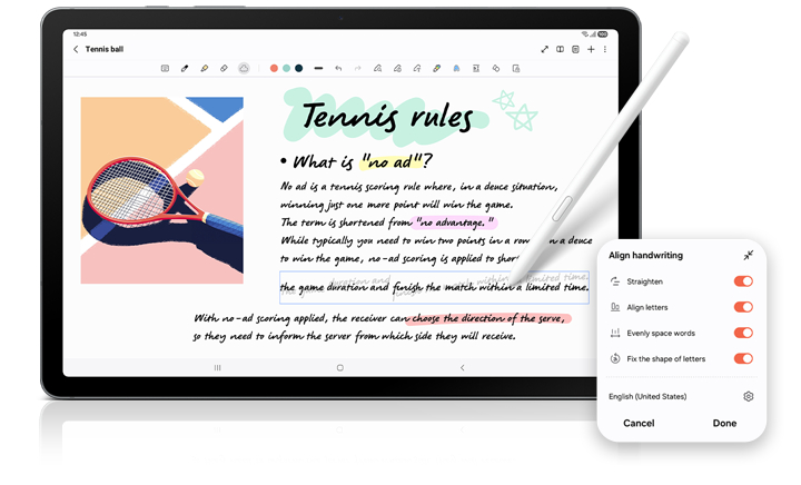 S Pen is used in Notes app on the screen of Galaxy Tab S10 Lite to automatically align the handwriting of a messy note using the Handwriting Help feature.
