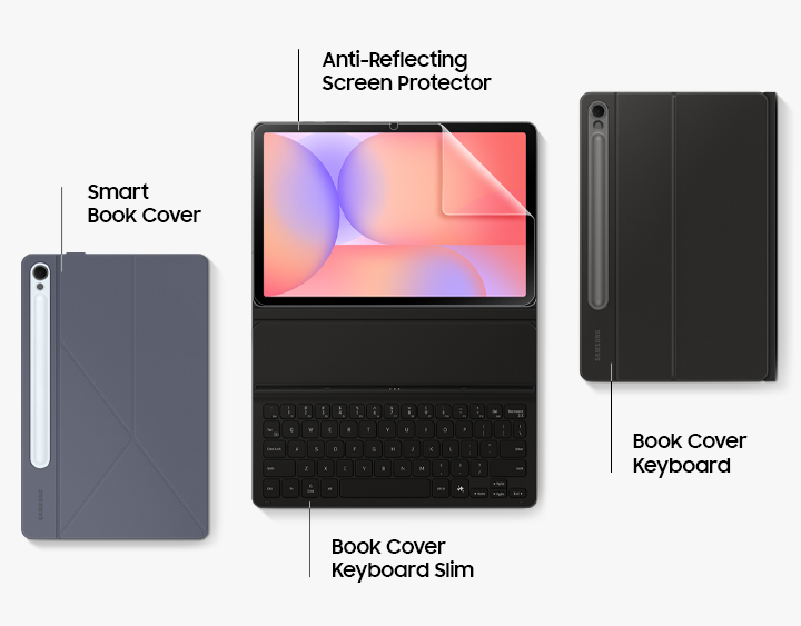 Flat lay view of Galaxy Tab S10 Lite paired with Smart Book Cover featuring an S Pen compartment on the side, next to one with Book Cover Keyboard Slim attached and Anti-Reflecting Screen Protector applied. On the right, another device is shown with Book Cover Keyboard and an S Pen compartment visible, highlighting accessory compatibility and protective options.