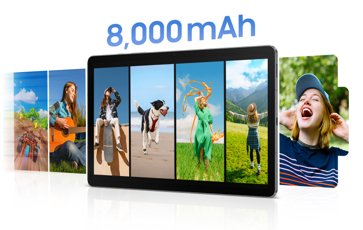 Galaxy Tab S10 Lite display shows a series of photos of happy moments flowing across the screen from left to right in the shape of a battery icon. Above the device, text reads 8,000 mAh, highlighting the large battery capacity that supports extended use for enjoying photos, videos, and apps without frequent charging.