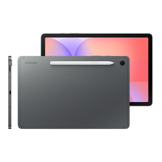 Galaxy Tab S10 Lite in Gray displayed horizontally with an S Pen magnetically attached to the top side, highlighting easy pen storage. Behind it, another Galaxy Tab S10 Lite in Gray shows a vibrant screen with colorful wallpaper, emphasizing the large display for immersive viewing. A side view showcases the sleek 6.6 mm thin design that sets it apart as a stylish, modern tablet.