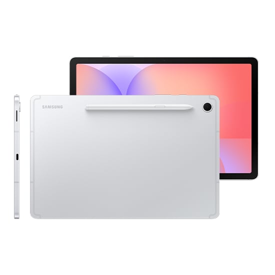 Galaxy Tab S10 Lite in Silver displayed horizontally with an S Pen magnetically attached to the top side, highlighting easy pen storage. Behind it, another Galaxy Tab S10 Lite in Silver shows a vibrant screen with colorful wallpaper, emphasizing the large display for immersive viewing. A side view showcases the sleek 6.6 mm thin design that sets it apart as a stylish, modern tablet.
