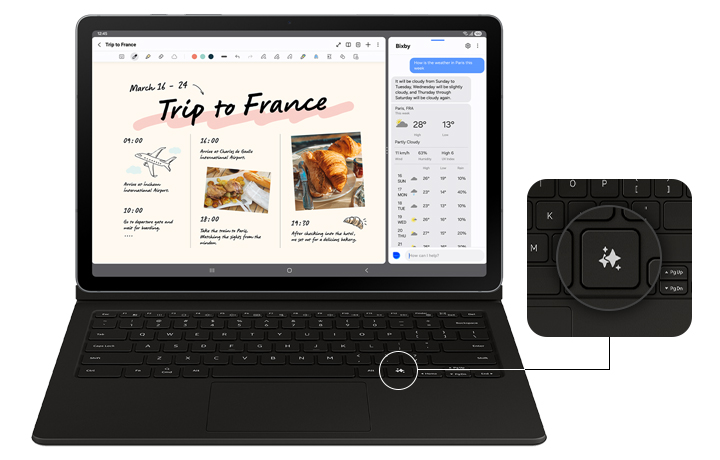A Galaxy Tab S10 Lite device with a Book Cover Keyboard attached is displaying Notes app on the screen. The screen is split to show a conversation with Bixby on one side. A close-up highlights Galaxy AI Key on the keyboard, showing its location.