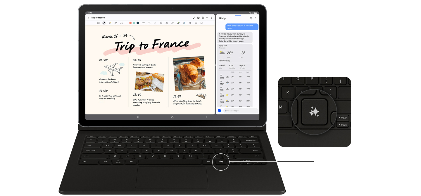 A Galaxy Tab S10 Lite device with a Book Cover Keyboard attached is displaying Notes app on the screen. The screen is split to show a conversation with Bixby on one side. A close-up highlights Galaxy AI Key on the keyboard, showing its location.