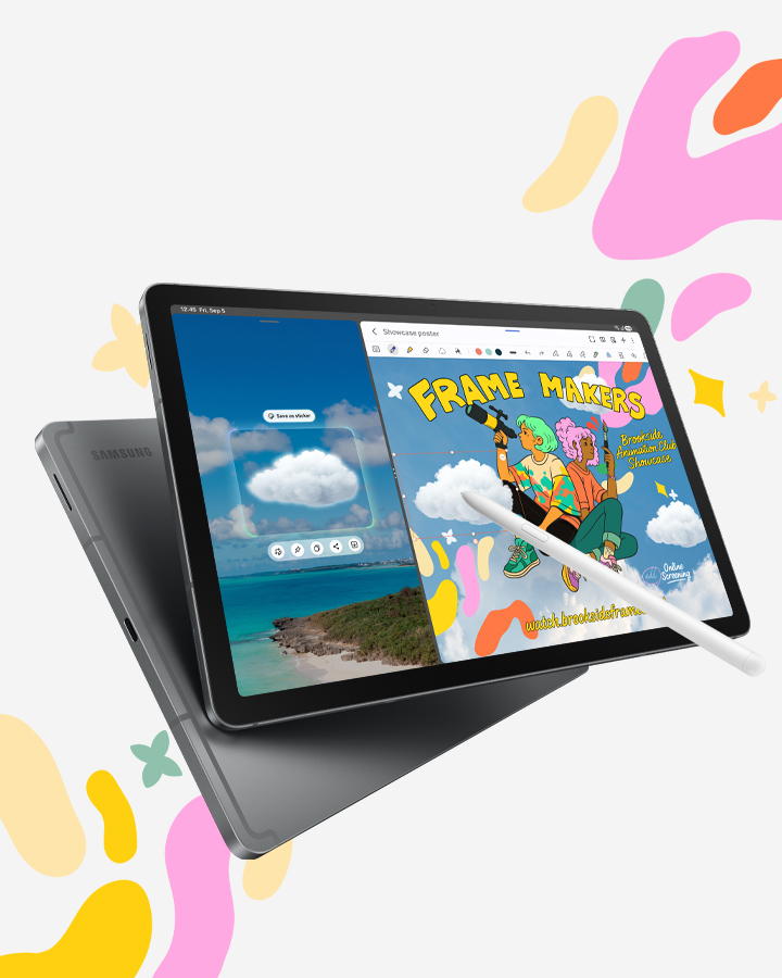 Galaxy Tab S10 Lite with its display facing forward is overlapped in front of another Tab S10 Lite showing its rear from behind. On the front display, the screen is split with the right side showing the Samsung Notes app in use where an S Pen is dragging a cloud copied from the left-side photo into a colorful illustration titled FRAME MAKERS, showcasing the Tab's multitasking capabilities and precise image editing with S Pen.