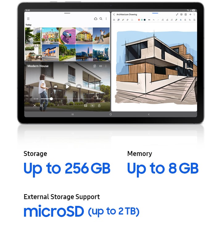 Galaxy Tab S10 Lite showing the large display running Gallery, a video player, and Samsung Notes all at once, demonstrating smooth multitasking with ample memory and storage to keep multiple apps open seamlessly. Text reads Storage up to 256 GB, Memory up to 8 GB, External Storage Support microSD (up to 2 TB).