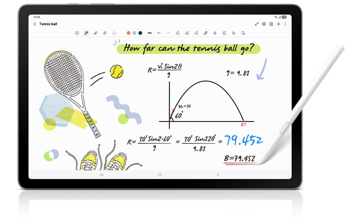 S Pen is used in Notes app on Galaxy Tab S10 Lite to note down a math equation and Solve Math automatically provides the solution.