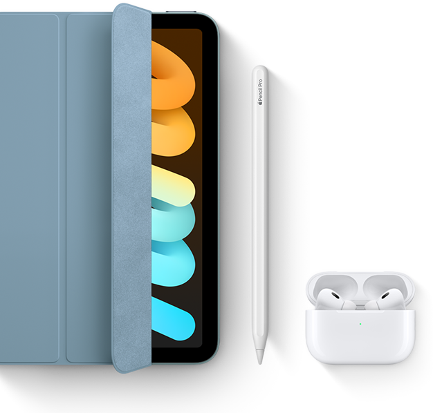 iPad mini is shown in use with Smart Folio, Apple Pencil Pro and AirPods Pro