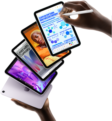 Five iPad mini models are shown in a fan formation held by a user's hands. One model shows the back camera, the other four are front facing. Apple Pencil Pro is being used to take notes