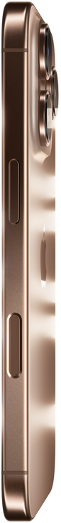 iPhone 16 Pro in Desert Titanium finish, side exterior, Apple logo in center, raised Pro camera system, Side button, Camera Control button