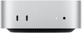 صورة أمامية لجهاز Mac mini بلون فضي تُظهر المنافذ الأمامية