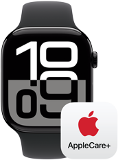 Apple Watch Series 10 next to an AppleCare+ logo, representing AppleCare+ coverage