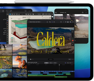 جهاز iPad Pro‏، الجزء الأمامي الخارجي، الوضع الأفقي، لون أسود فلكي، قلم Apple مثبّت أعلى الجهاز، شاشة تعرض عدة نوافذ لتطبيقات في مربعات، منها تطبيق Final Cut Pro مع ميزات متعددة لتعديل الفيديوهات وشريط زمني، وتطبيق الخرائط، وتطبيق الملاحظات، ومقاطع وسائط متنوعة