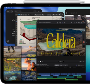 جهاز iPad Pro‏، الجزء الأمامي الخارجي، الوضع الأفقي، لون أسود فلكي، قلم Apple مثبّت أعلى الجهاز، شاشة تعرض عدة نوافذ لتطبيقات في مربعات، منها تطبيق Final Cut Pro مع ميزات متعددة لتعديل الفيديوهات وشريط زمني، وتطبيق الخرائط، وتطبيق الملاحظات، ومقاطع وسائط متنوعة