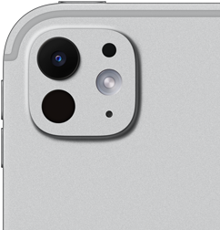 جهاز iPad Pro، الجزء الخلفي الخارجي، لون فضي، نظام كاميرات Pro مع عدسة خماسية العناصر وفلاش متكيف بتكنولوجيا انسجام اللون