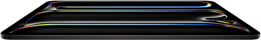 جهاز iPad Pro، الجزء الأمامي الخارجي، لون أسود فلكي، هيكل من الألومنيوم والزجاج،  تصميم نحيف، مائل للخلف مع شاشة تعرض رسماً لخطوط متعددة الألوان