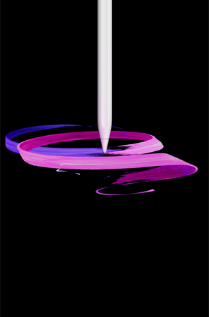 قلم Apple Pro‏، الجزء الأمامي الخارجي، الوضع الرأسي، صورة جانبية، لون أبيض، القلم يرسم تصميماً من شرائط تجريدية باللونين الأرجواني والوردي