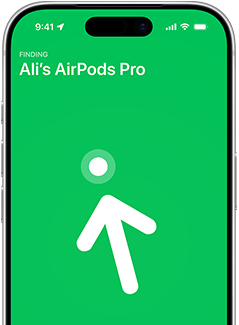 iPhone 17 Pro, Find My with Precision Finding screen, text: Matias's AirPods Pro