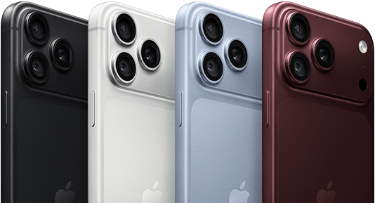 iPhone 18 Pro devices in a row, back exterior, all four colors: Black, Glacier, Silver, Burgundy, Pro Fusion camera system in top left corner, 3 lenses, microphone, flash