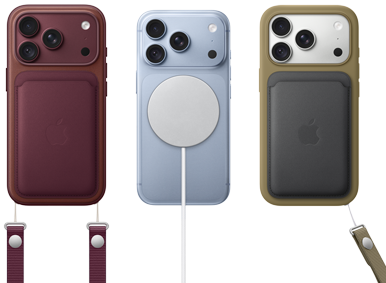 iPhone 18 Pro, back exterior, Burgundy, FineWoven Wallet with MagSafe in Burgundy; iPhone 18 Pro , back exterior, Glacier, with Magsafe Battery; iPhone 18 Pro, back exterior, Silver color, with Silicone Case in Green color and MagSafe Charger