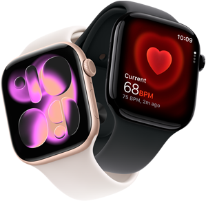 Apple Watch Series 11, aluminum rose gold, Responsive Art watch face, right side exterior: Digital Crown, microphone, side button, light blush Sport Band, Apple Watch Series 11, aluminum jet black, Heart Rate app, current beats per minute, right side exterior: Digital Crown, black Sport Band
