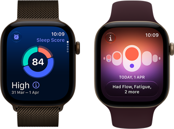 Apple Watch Series 12, aluminum case, dark bronze color, sleep score circle graph, Digital Crown, Milanese Loop band, dark bronze color