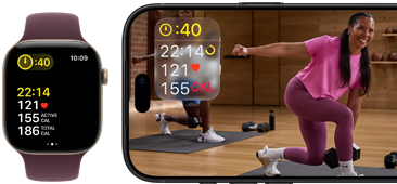 Apple Watch next to iPhone with Apple Fitness+ class on screen