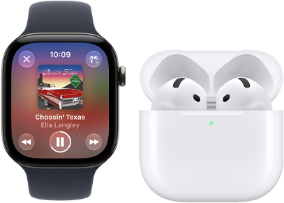 Apple Watch Series 12, aluminum case, black color, black Sport Band, Apple Music app open, paired with AirPods 4