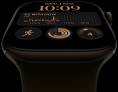 Apple Watch Series 12, aluminum case, dark bronze color, Modular watch face, complications: day and date, Workouts, Activity rings, Apple Music, right side exterior, Digital Crown, Sport Band, olive color