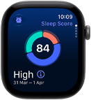 Apple Watch Series 12, aluminum case, space gray color, sleep score circle graph, right side exterior, Digital Crown