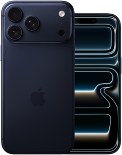 Side by side, iPhone 17 Pro Max, back exterior, Pro camera system, 3 lenses, microphone, flash, Deep Blue finish, iPhone 17 Pro, front exterior all screen design, Deep Blue finish