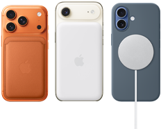 iPhone 17 Pro, back exterior, Cosmic Orange color, with Silicone Case in Sienna color and FineWoven Wallet with MagSafe in Fox Orange color; iPhone Air, back exterior, Cloud White color, with Magsafe Battery; iPhone 17, back exterior, Mist Blue color, with Silicone Case in Anchor Blue color and MagSafe Charger