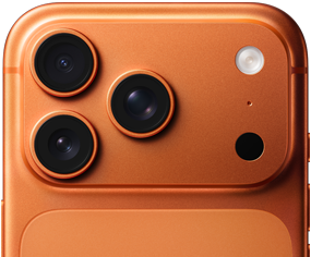 iPhone 17 Pro, Cosmic Orange partial back exterior, Pro camera system in top left corner, 3 lenses, microphone, flash
