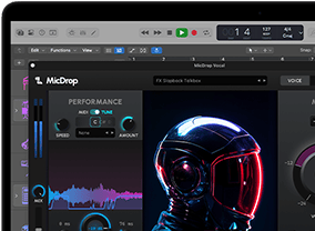 Screen content demonstrating MicDrop software using AI features to edit a vocal recording on a MacBook Pro