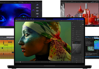 A variety of colorful screen content from music production, video editing, 3D animation, and photo editing apps on Mac, demonstrating powerful graphics performance