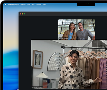 A video call on a MacBook Pro where a woman shows fabrics to two people on the call, with Center Stage keeping her centered in the frame as she moves around