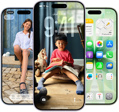 iPhone 17، الجزء الأمامي الخارجي، Dynamic Island في الوسط قرب الجهة العلوية، ثلاثة ألوان: أزرق ضبابي، وليلكي ناعم، وأخضر رمادي