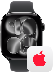 Apple Watch Series 11, aluiminum jet black case, right side exterior: Digital Crown, black Sport Band, AppleCare+ logo
