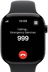 Apple Watch Series 11, aluminum jet black case, emergency call to 911 on screen, right side exterior: Digital Crown, black Sport Band