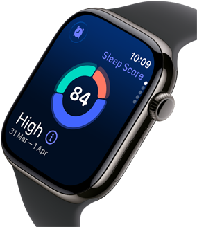 Up close Apple Watch Series 11 with a titanium slate case, showing sleep score on screen