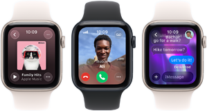 Three Apple Watch SE 3 devices next to each other, one showing the Apple Music app, one showing an incoming phone call, and one showing an iMessage exchange
