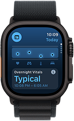 Apple Watch Ultra 3, titanium natural case, sleep score screen, breakdown in circle graph, score in center, band, blue Trail Loop